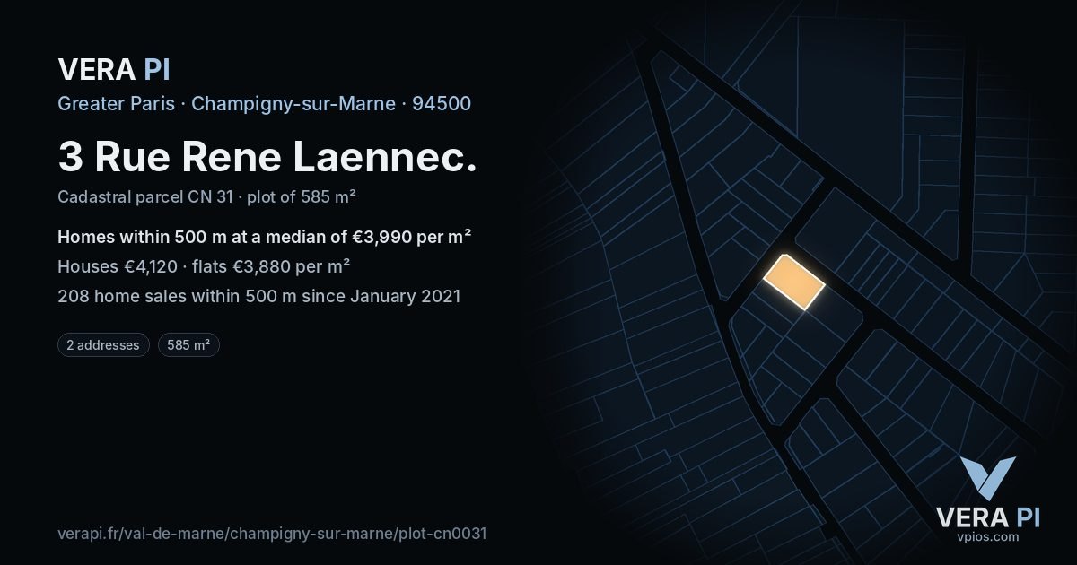 3 Rue Rene Laennec, Champigny-sur-Marne at night – the plot lit, the parcels around coloured by the prices near them