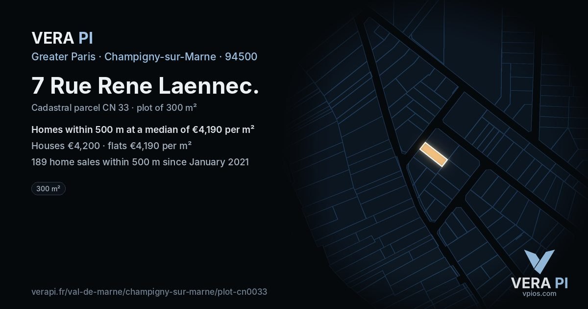 7 Rue Rene Laennec, Champigny-sur-Marne at night – the plot lit, the parcels around coloured by the prices near them