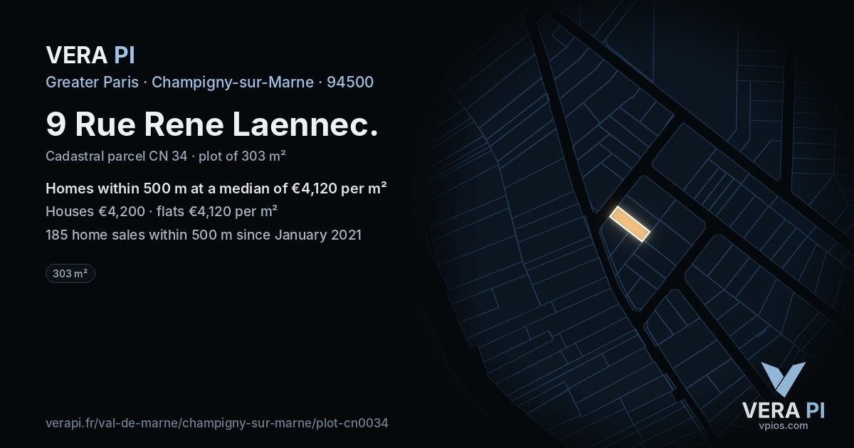 9 Rue Rene Laennec, Champigny-sur-Marne at night – the plot lit, the parcels around coloured by the prices near them