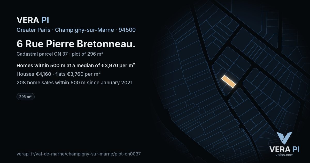 6 Rue Pierre Bretonneau, Champigny-sur-Marne at night – the plot lit, the parcels around coloured by the prices near them