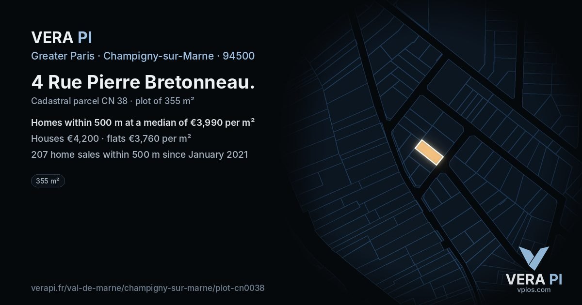 4 Rue Pierre Bretonneau, Champigny-sur-Marne at night – the plot lit, the parcels around coloured by the prices near them
