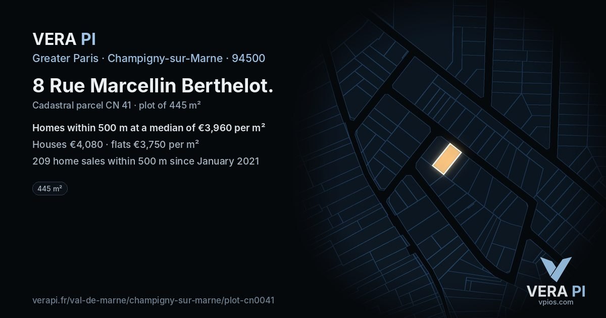 8 Rue Marcellin Berthelot, Champigny-sur-Marne at night – the plot lit, the parcels around coloured by the prices near them