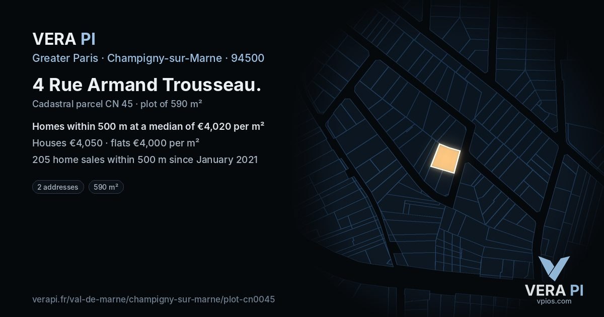 4 Rue Armand Trousseau, Champigny-sur-Marne at night – the plot lit, the parcels around coloured by the prices near them