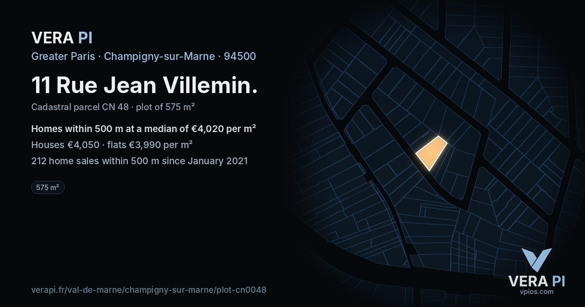 11 Rue Jean Villemin, Champigny-sur-Marne at night – the plot lit, the parcels around coloured by the prices near them