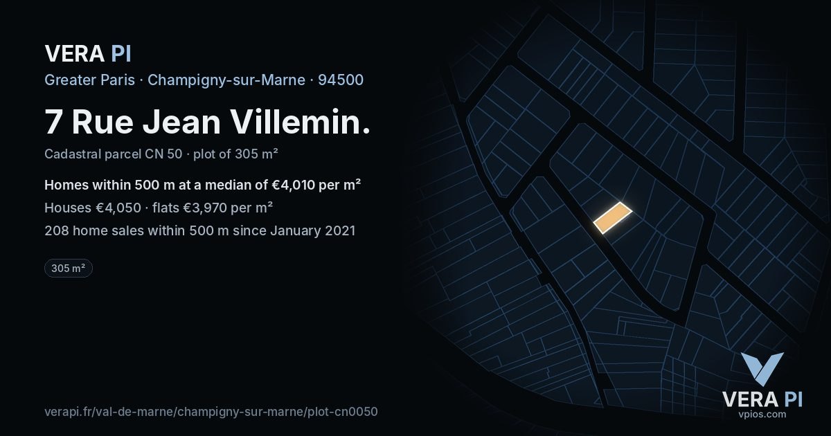 7 Rue Jean Villemin, Champigny-sur-Marne at night – the plot lit, the parcels around coloured by the prices near them