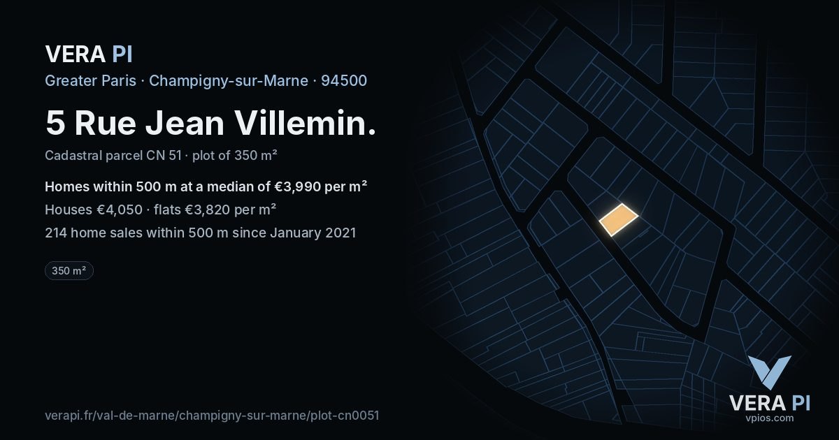 5 Rue Jean Villemin, Champigny-sur-Marne at night – the plot lit, the parcels around coloured by the prices near them