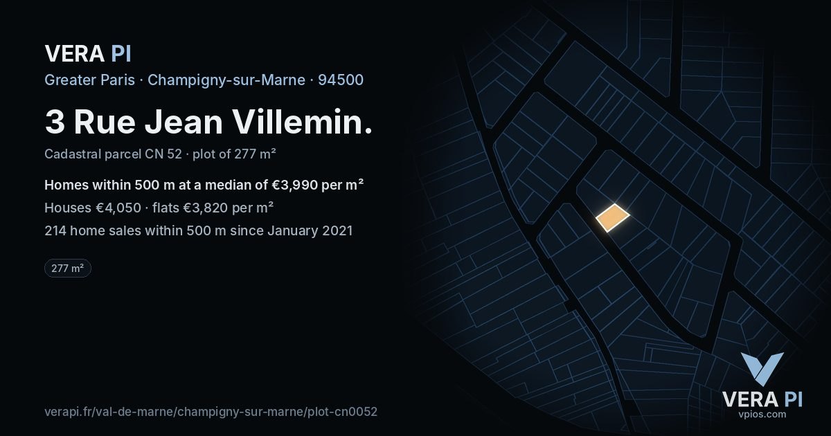 3 Rue Jean Villemin, Champigny-sur-Marne at night – the plot lit, the parcels around coloured by the prices near them