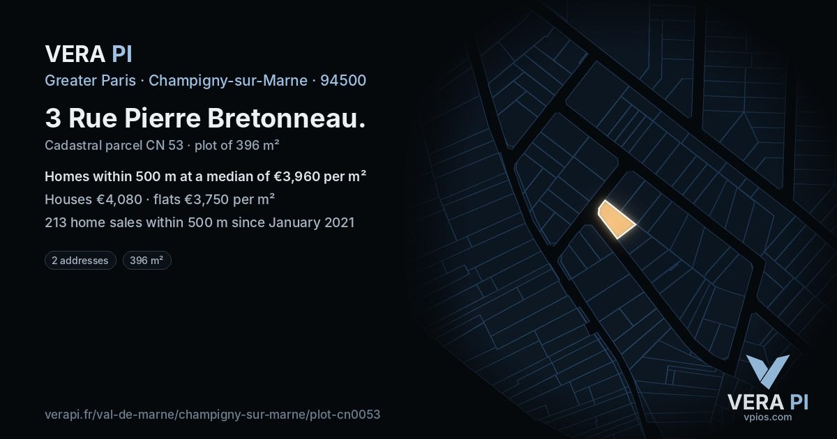 3 Rue Pierre Bretonneau, Champigny-sur-Marne at night – the plot lit, the parcels around coloured by the prices near them