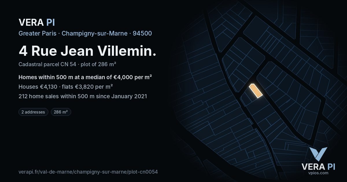 4 Rue Jean Villemin, Champigny-sur-Marne at night – the plot lit, the parcels around coloured by the prices near them