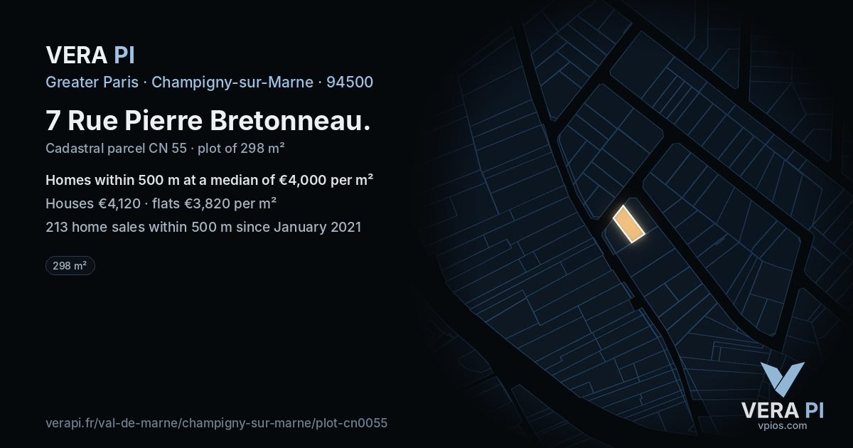 7 Rue Pierre Bretonneau, Champigny-sur-Marne at night – the plot lit, the parcels around coloured by the prices near them