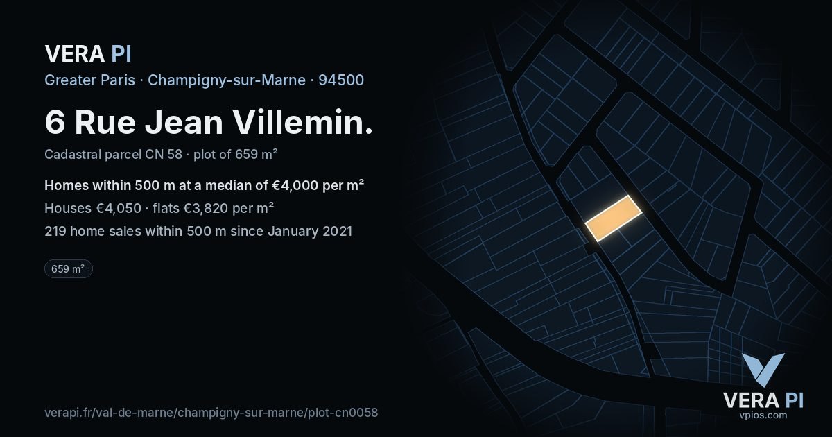6 Rue Jean Villemin, Champigny-sur-Marne at night – the plot lit, the parcels around coloured by the prices near them