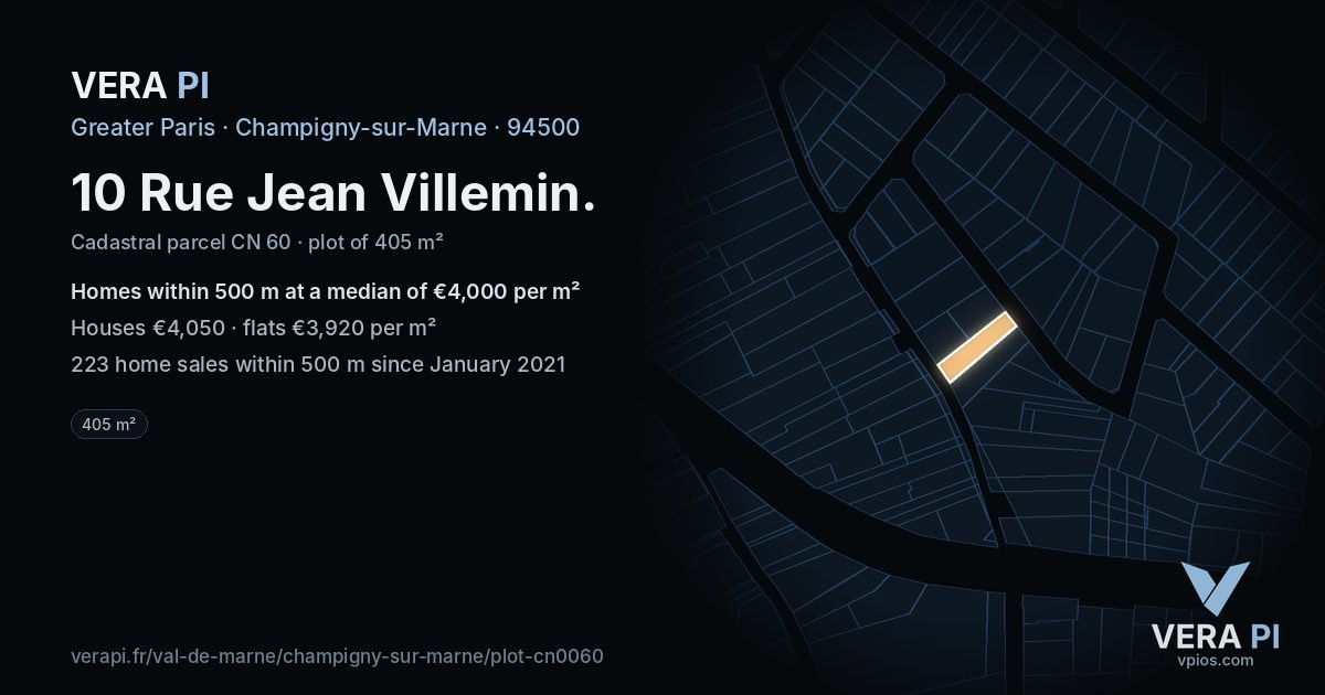 10 Rue Jean Villemin, Champigny-sur-Marne at night – the plot lit, the parcels around coloured by the prices near them