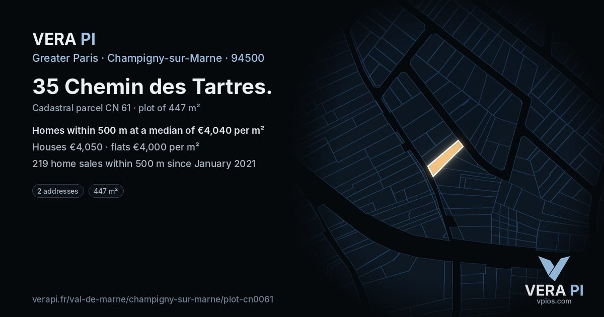 35 Chemin des Tartres, Champigny-sur-Marne at night – the plot lit, the parcels around coloured by the prices near them