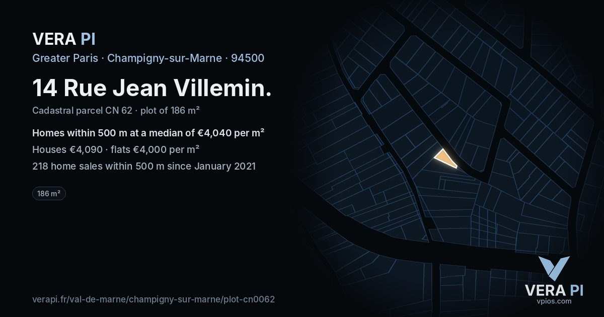 14 Rue Jean Villemin, Champigny-sur-Marne at night – the plot lit, the parcels around coloured by the prices near them