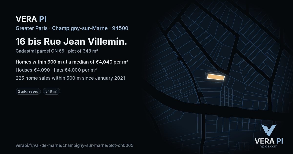16 bis Rue Jean Villemin, Champigny-sur-Marne at night – the plot lit, the parcels around coloured by the prices near them