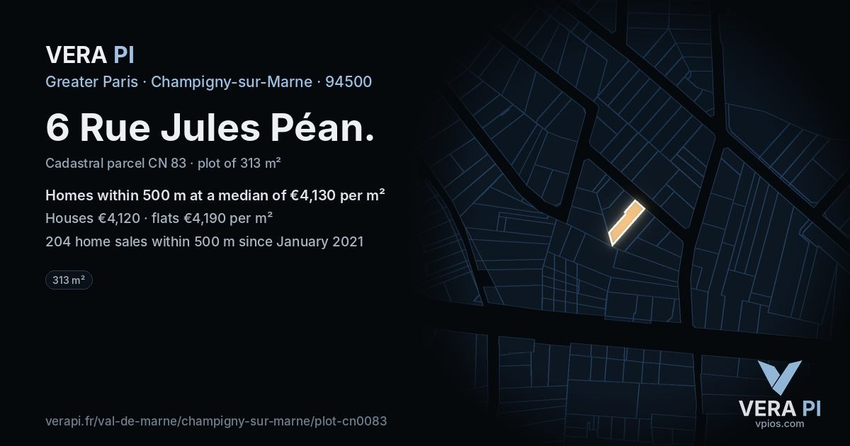 6 Rue Jules Péan, Champigny-sur-Marne at night – the plot lit, the parcels around coloured by the prices near them