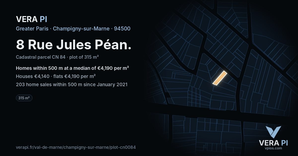 8 Rue Jules Péan, Champigny-sur-Marne at night – the plot lit, the parcels around coloured by the prices near them