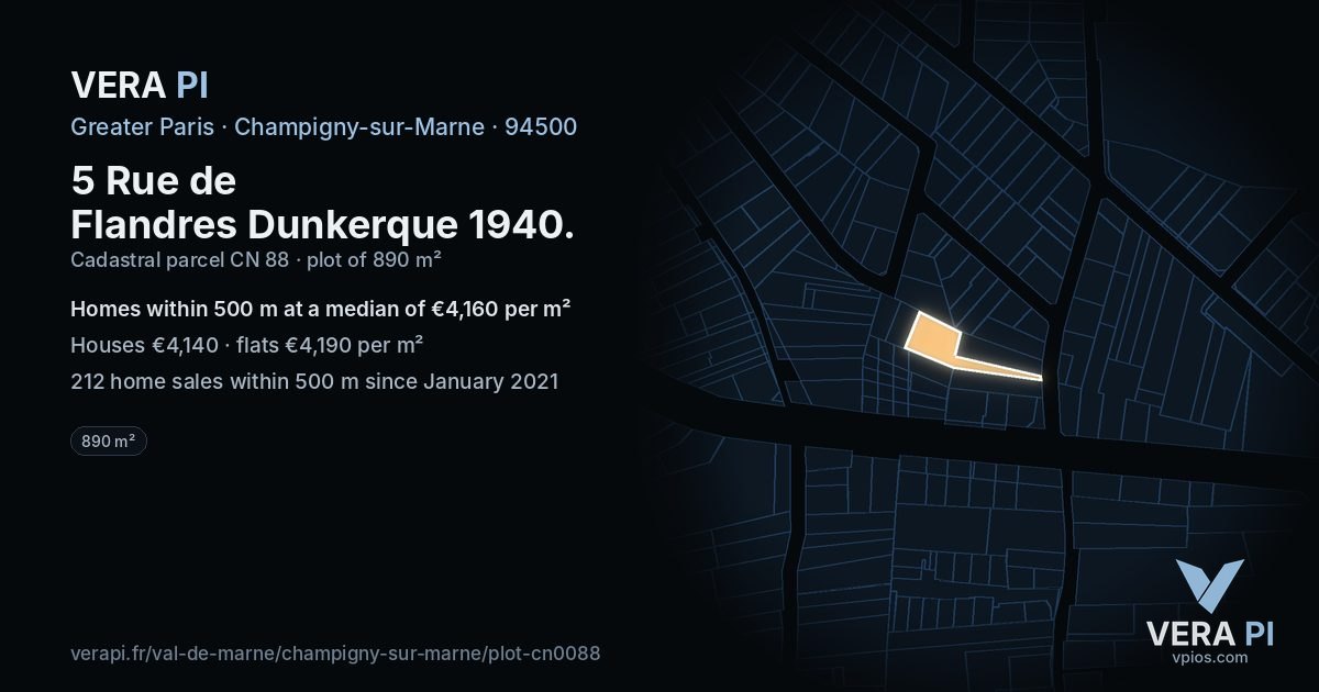 5 Rue de Flandres Dunkerque 1940, Champigny-sur-Marne at night – the plot lit, the parcels around coloured by the prices near them