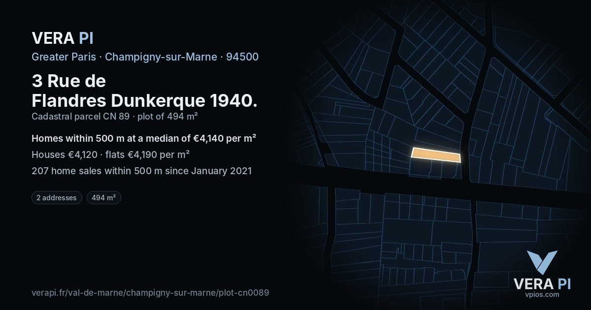 3 Rue de Flandres Dunkerque 1940, Champigny-sur-Marne at night – the plot lit, the parcels around coloured by the prices near them