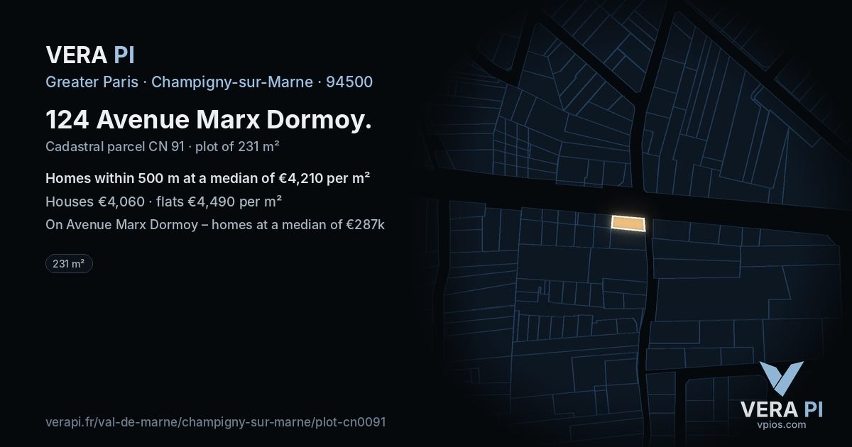 124 Avenue Marx Dormoy, Champigny-sur-Marne at night – the plot lit, the parcels around coloured by the prices near them