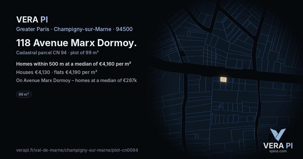 118 Avenue Marx Dormoy, Champigny-sur-Marne at night – the plot lit, the parcels around coloured by the prices near them