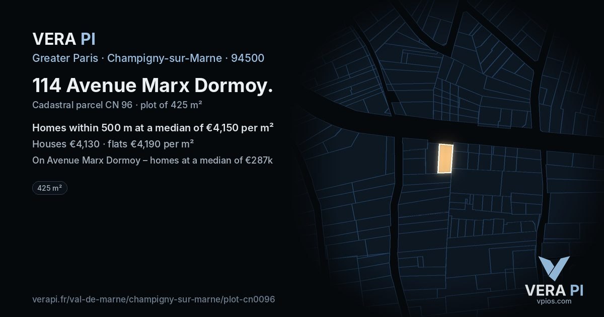 114 Avenue Marx Dormoy, Champigny-sur-Marne at night – the plot lit, the parcels around coloured by the prices near them