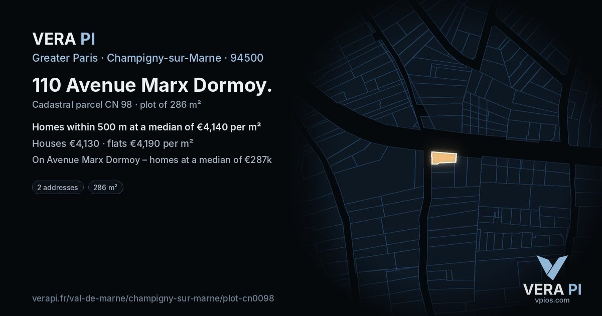 110 Avenue Marx Dormoy, Champigny-sur-Marne at night – the plot lit, the parcels around coloured by the prices near them