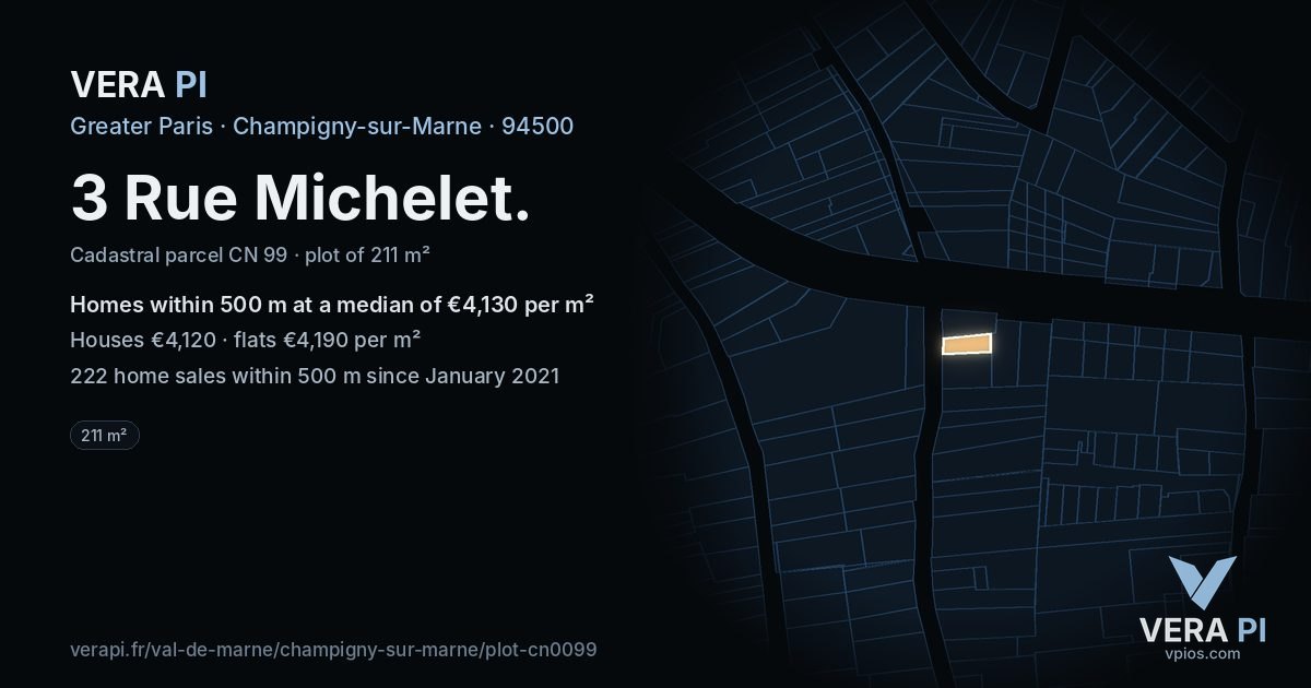 3 Rue Michelet, Champigny-sur-Marne at night – the plot lit, the parcels around coloured by the prices near them