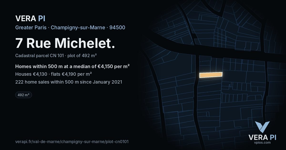 7 Rue Michelet, Champigny-sur-Marne at night – the plot lit, the parcels around coloured by the prices near them