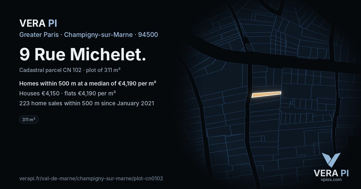 9 Rue Michelet, Champigny-sur-Marne at night – the plot lit, the parcels around coloured by the prices near them
