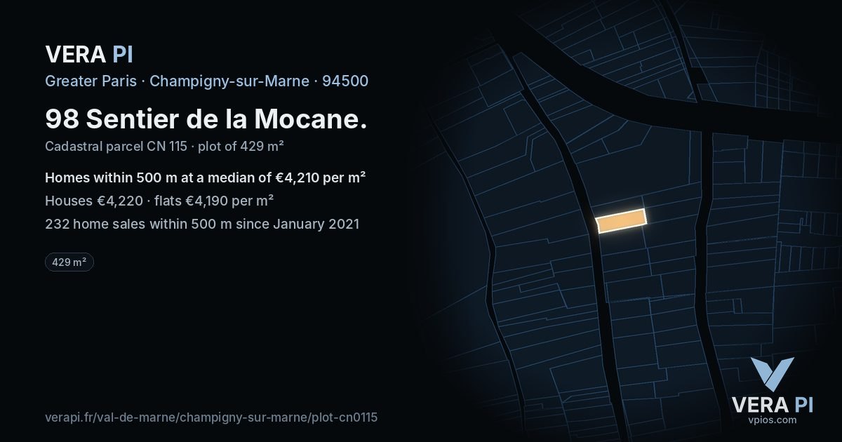 98 Sentier de la Mocane, Champigny-sur-Marne at night – the plot lit, the parcels around coloured by the prices near them