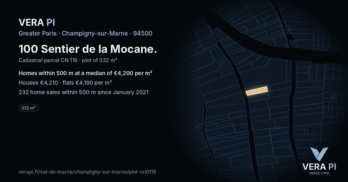 100 Sentier de la Mocane, Champigny-sur-Marne at night – the plot lit, the parcels around coloured by the prices near them
