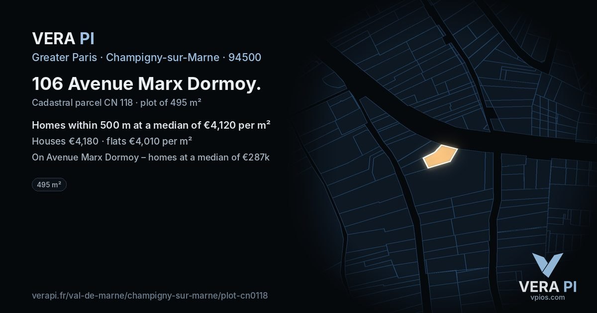 106 Avenue Marx Dormoy, Champigny-sur-Marne at night – the plot lit, the parcels around coloured by the prices near them