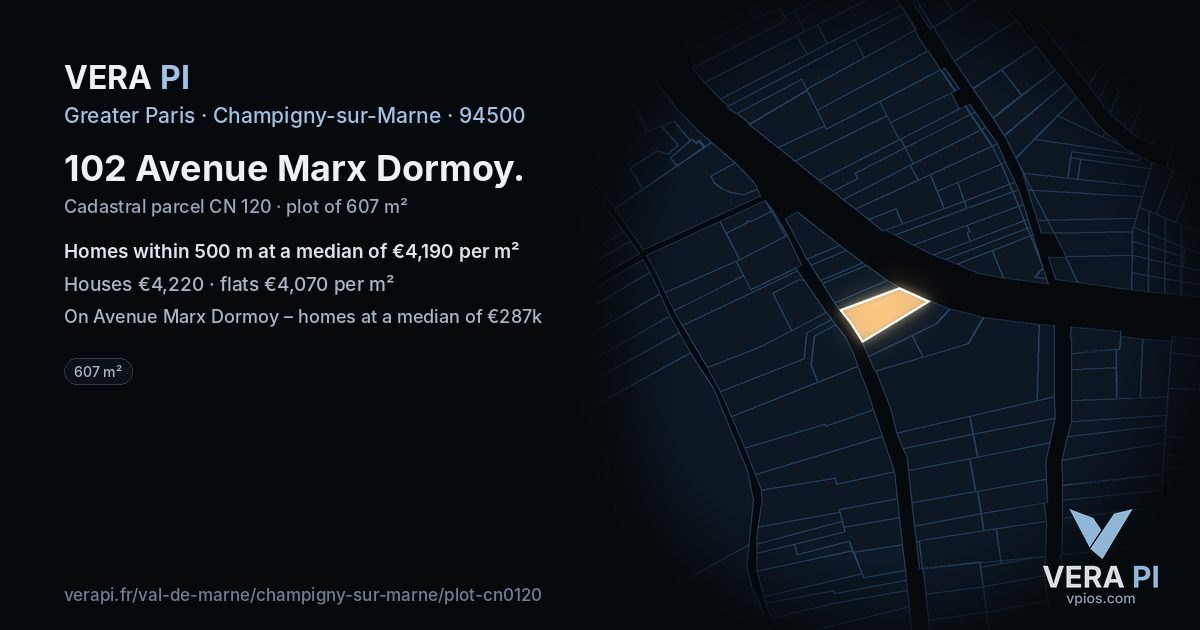 102 Avenue Marx Dormoy, Champigny-sur-Marne at night – the plot lit, the parcels around coloured by the prices near them