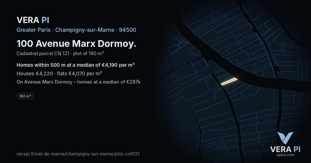 100 Avenue Marx Dormoy, Champigny-sur-Marne at night – the plot lit, the parcels around coloured by the prices near them