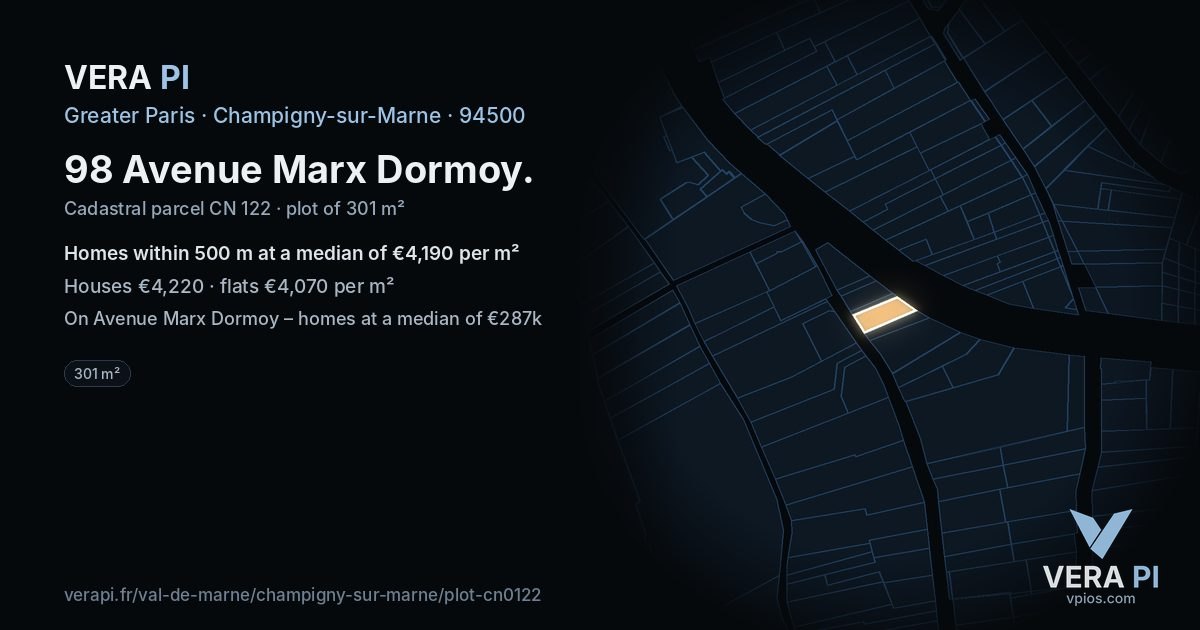 98 Avenue Marx Dormoy, Champigny-sur-Marne at night – the plot lit, the parcels around coloured by the prices near them