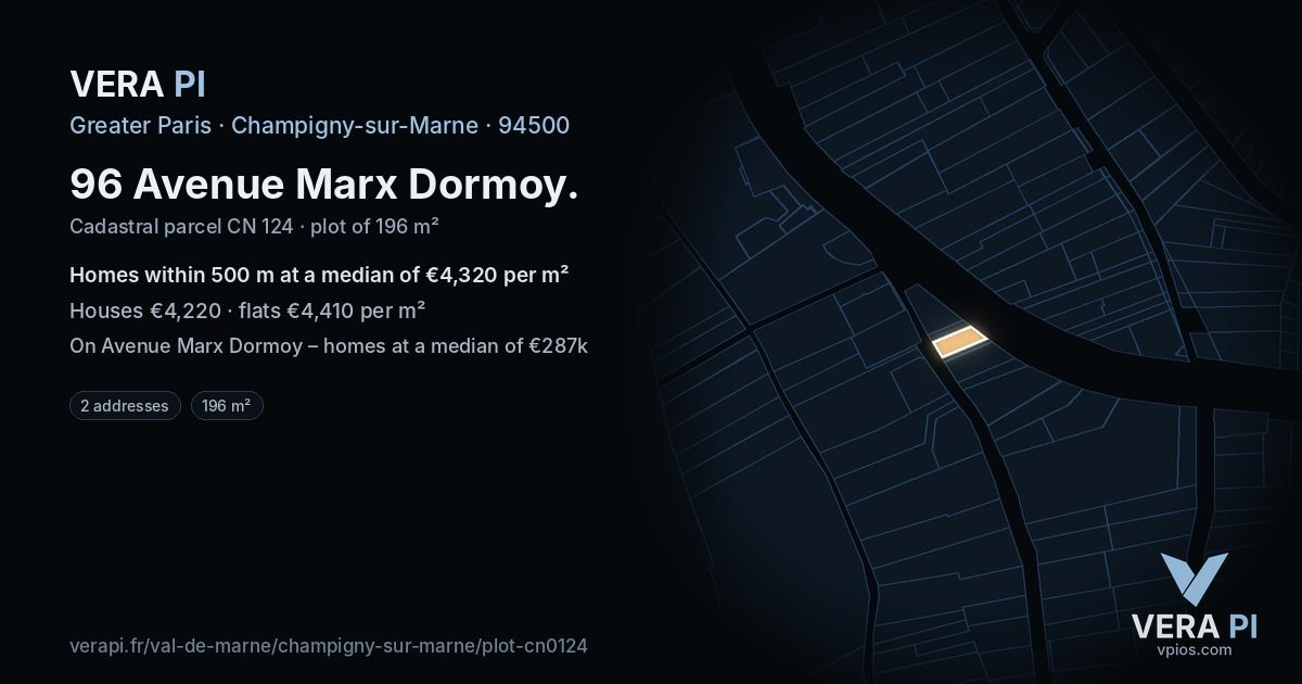 96 Avenue Marx Dormoy, Champigny-sur-Marne at night – the plot lit, the parcels around coloured by the prices near them