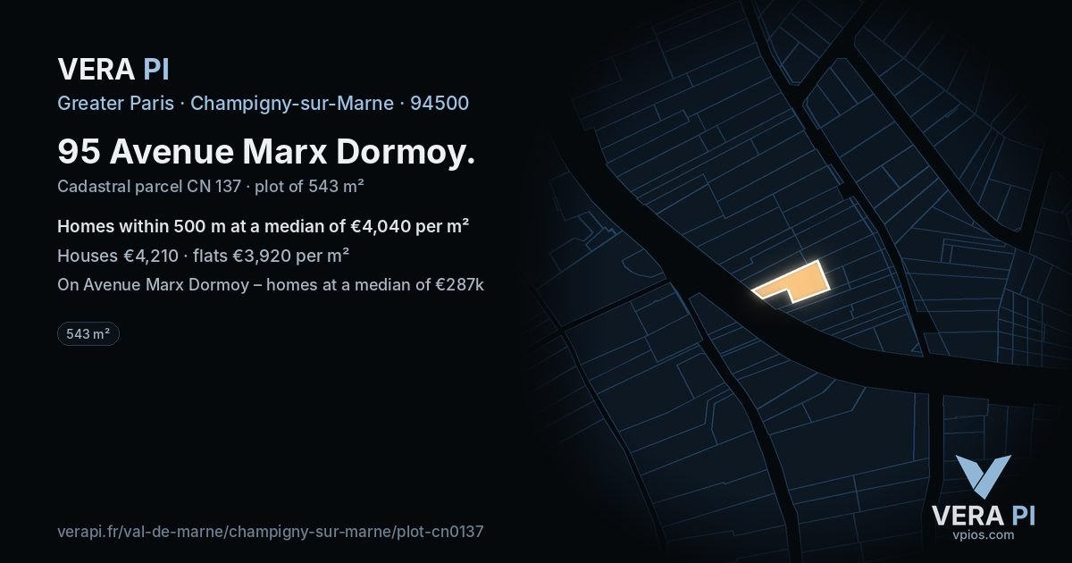 95 Avenue Marx Dormoy, Champigny-sur-Marne at night – the plot lit, the parcels around coloured by the prices near them