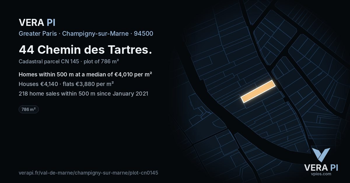 44 Chemin des Tartres, Champigny-sur-Marne at night – the plot lit, the parcels around coloured by the prices near them
