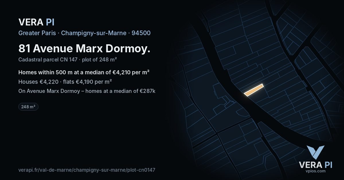 81 Avenue Marx Dormoy, Champigny-sur-Marne at night – the plot lit, the parcels around coloured by the prices near them