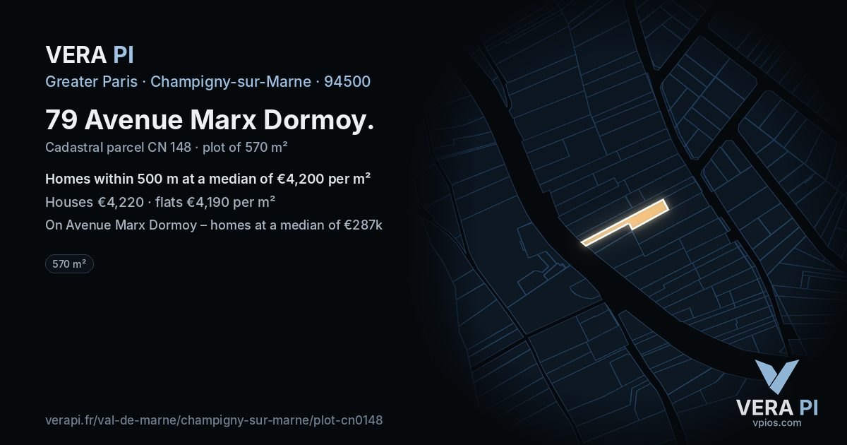 79 Avenue Marx Dormoy, Champigny-sur-Marne at night – the plot lit, the parcels around coloured by the prices near them