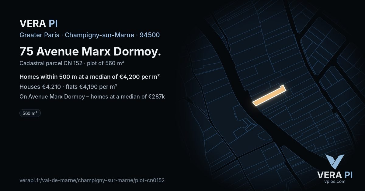 75 Avenue Marx Dormoy, Champigny-sur-Marne at night – the plot lit, the parcels around coloured by the prices near them