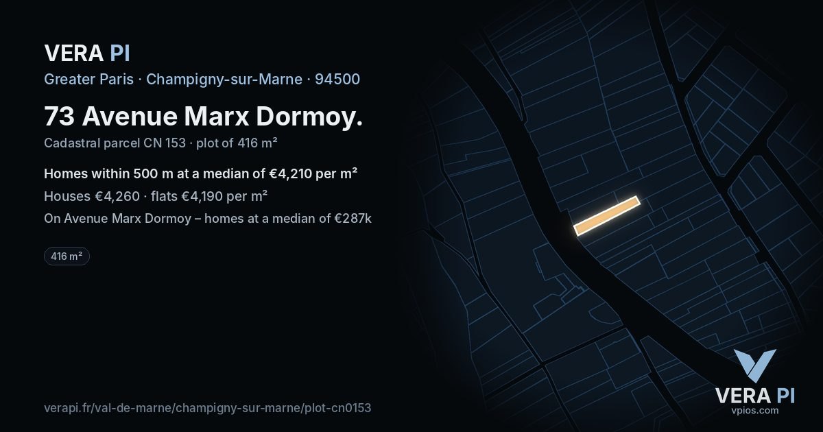 73 Avenue Marx Dormoy, Champigny-sur-Marne at night – the plot lit, the parcels around coloured by the prices near them