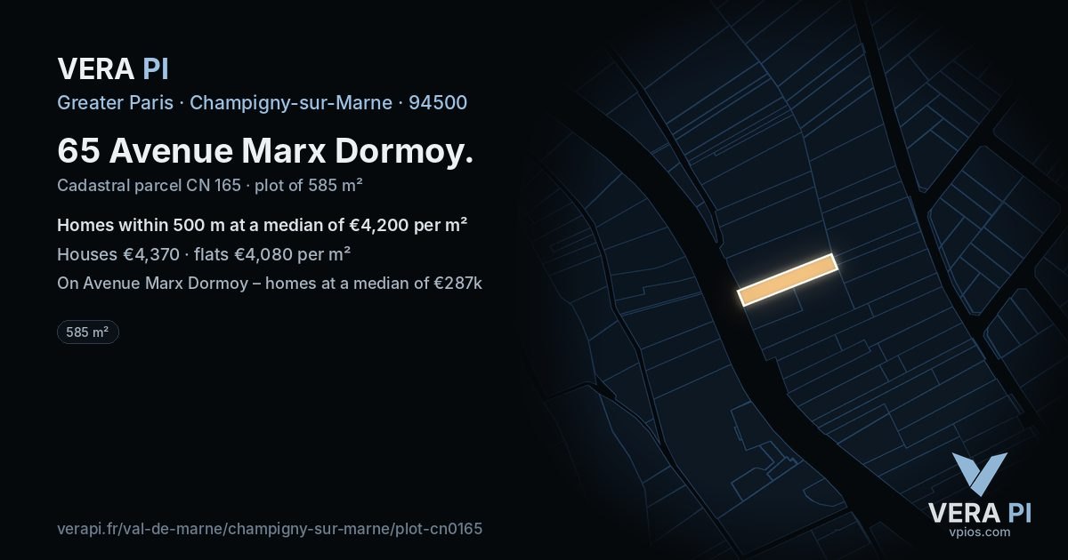 65 Avenue Marx Dormoy, Champigny-sur-Marne at night – the plot lit, the parcels around coloured by the prices near them