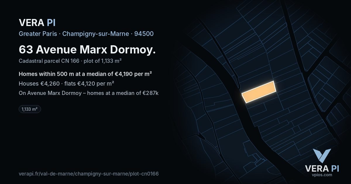 63 Avenue Marx Dormoy, Champigny-sur-Marne at night – the plot lit, the parcels around coloured by the prices near them