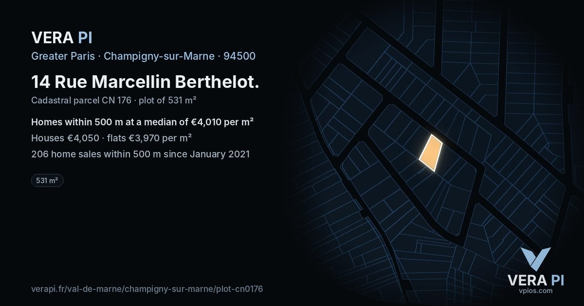 14 Rue Marcellin Berthelot, Champigny-sur-Marne at night – the plot lit, the parcels around coloured by the prices near them