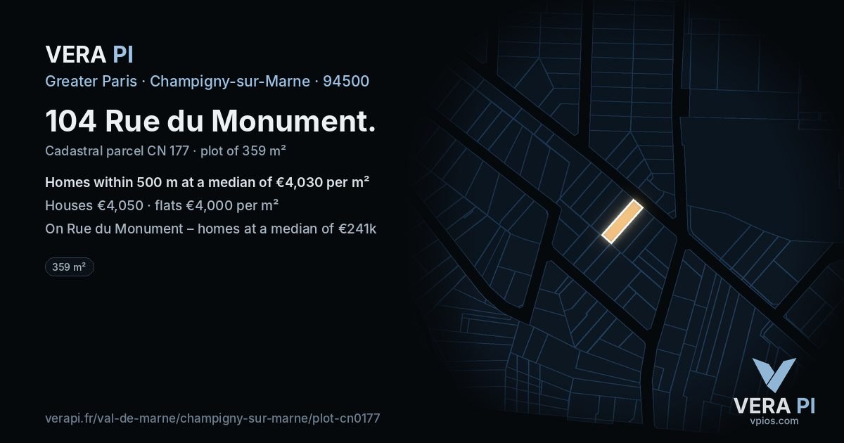 104 Rue du Monument, Champigny-sur-Marne at night – the plot lit, the parcels around coloured by the prices near them