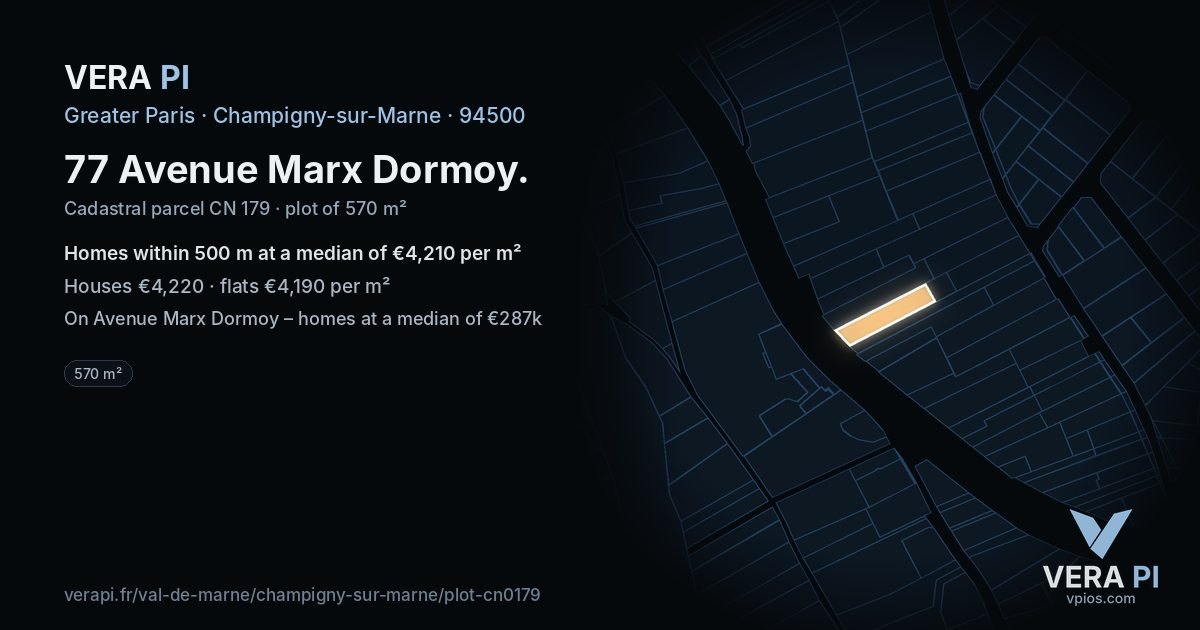 77 Avenue Marx Dormoy, Champigny-sur-Marne at night – the plot lit, the parcels around coloured by the prices near them