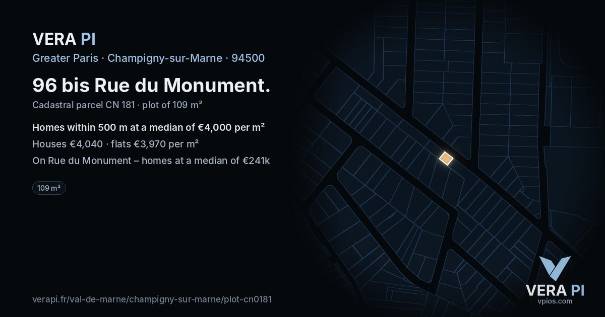 96 bis Rue du Monument, Champigny-sur-Marne at night – the plot lit, the parcels around coloured by the prices near them