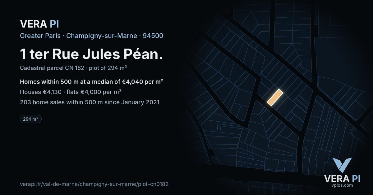 1 ter Rue Jules Péan, Champigny-sur-Marne at night – the plot lit, the parcels around coloured by the prices near them